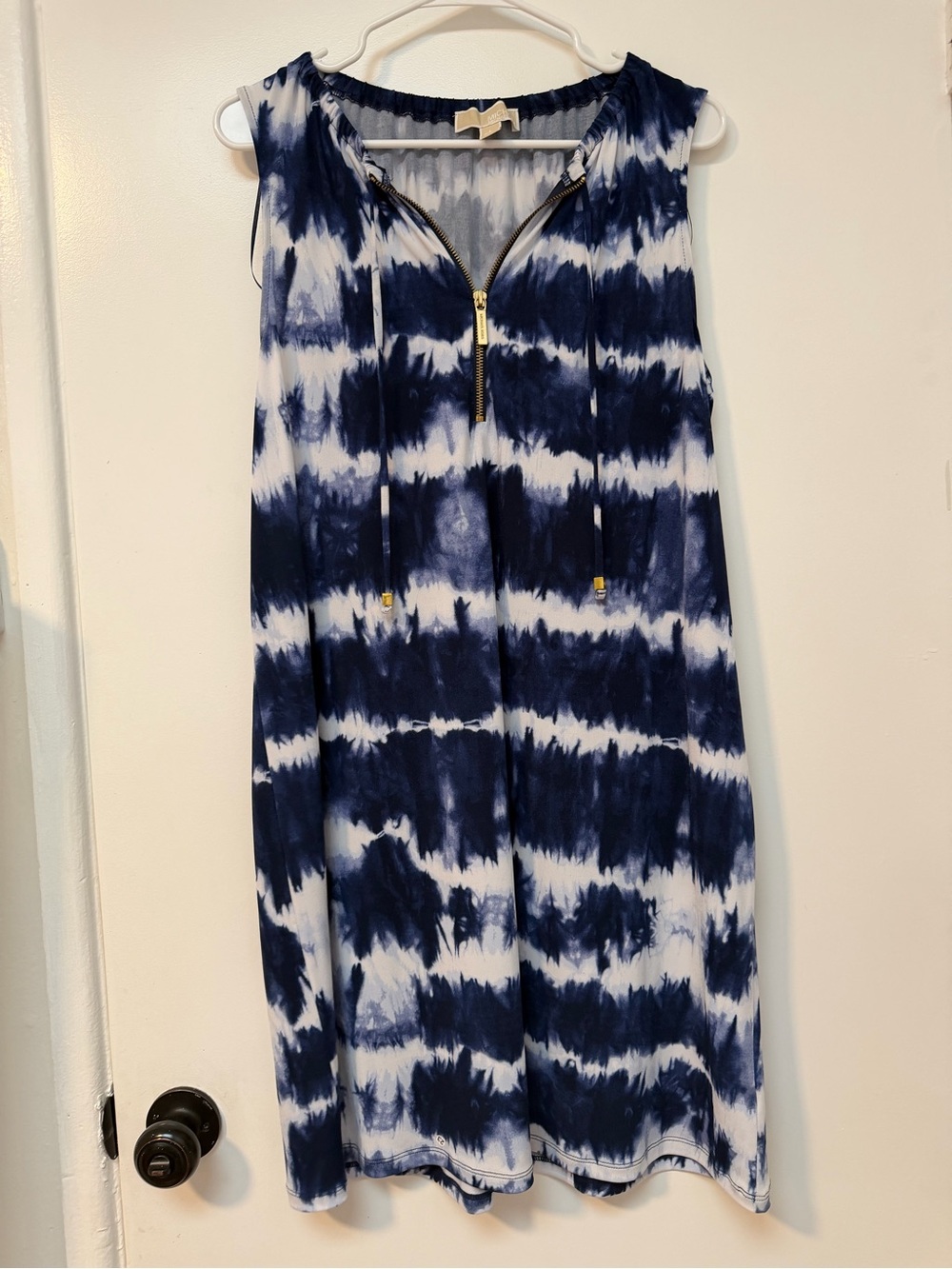 Michael Kors Navy and White Tie-Dye Zip-Front Dress